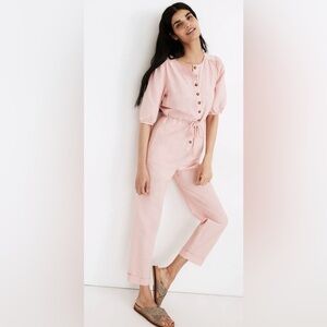Madewell Linen-Blend Puff-Sleeve Tassel-Tie Jumpsuit